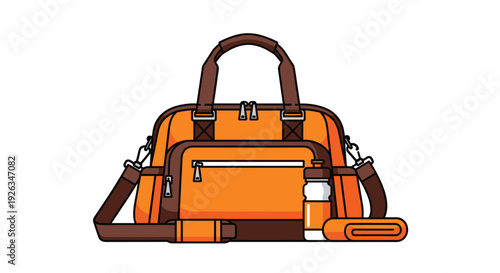 An orange duffel bag with brown accents and silver zippers is presented alongside a white water bottle and a rolled orange towel.