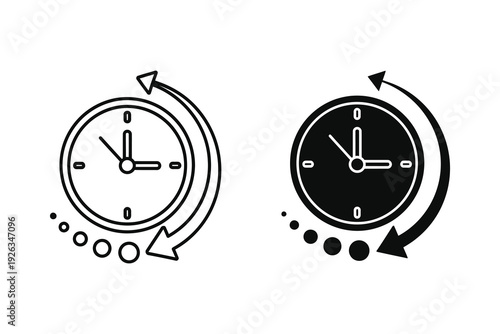 Clock Cycle Icons: Time Passing with Arrows and Dots in Outline and Solid