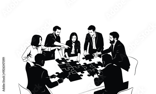 Group of business people connecting puzzle pieces on table teamwork