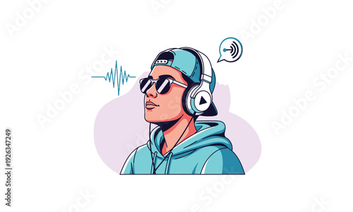 Man wearing headphones and sunglasses listening to music podcast broadcast