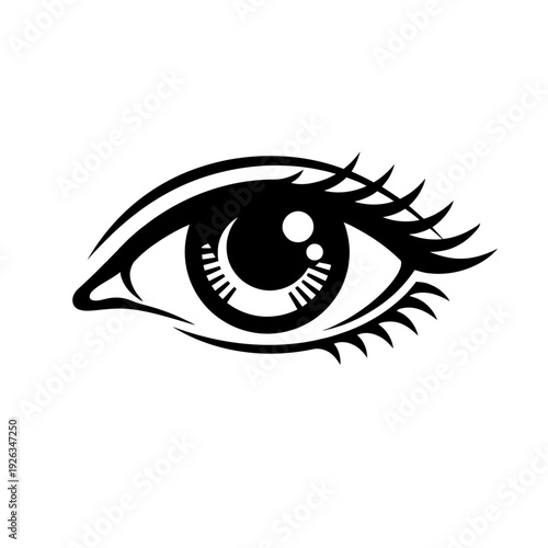 Vector illustration of a captivating human eye with elegant long eyelashes and a distinct pupil, rendered in a bold black and white graphic style, perfect for beauty, vision, or artistic design projec