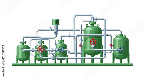 Multiple green industrial storage tanks are interconnected by silver piping and feature distinct red and blue valves on a white background.