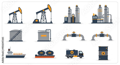 Oil and gas industry production and transportation vector illustration set.
