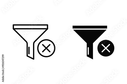 Filter Remove Icons: Funnel with Cross Symbol in Outline and Filled Styles
