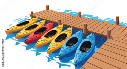 A row of six brightly colored kayaks, including yellow, red, and blue, are neatly docked beside a wooden pier on calm water.