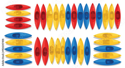 A large collection of twenty-four colorful kayaks, in red, yellow, and blue, are neatly arranged in two rows from a top-down perspective on a white background.