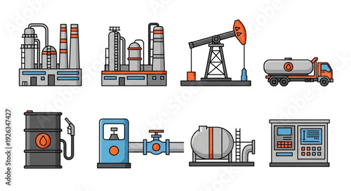 Oil and gas industry production and transportation icons set.