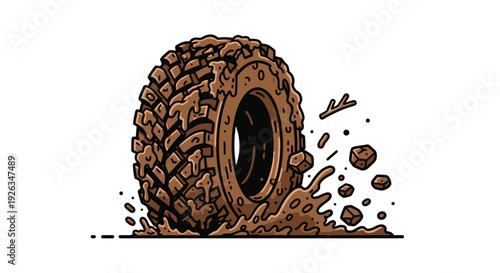A rugged brown off-road tire, heavily caked with mud, is dynamically splashing dirt and debris on a clean white background.