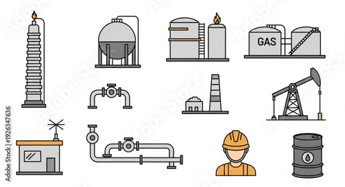 Oil and gas industry equipment illustration, showing various components and elements.