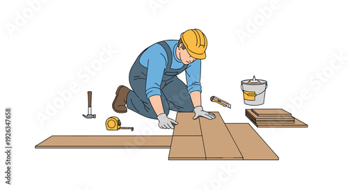 A diligent male construction worker wearing a yellow hard hat is shown kneeling while carefully installing brown laminate wood planks on a white background.