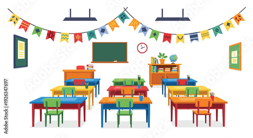 A brightly lit, colorful elementary classroom is illustrated with multiple rows of student desks, a blackboard, bookshelves, and festive bunting on a white background.