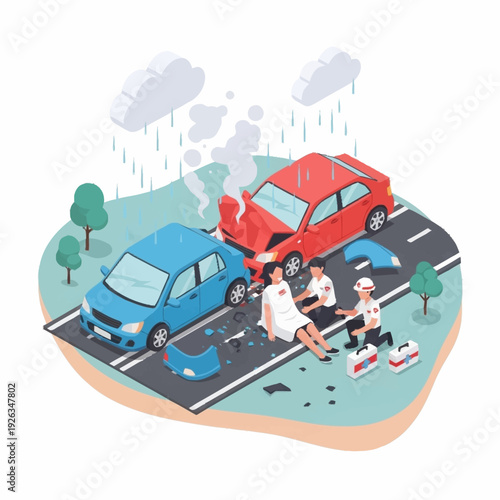 Car accident on a rainy road with people assessing damage.