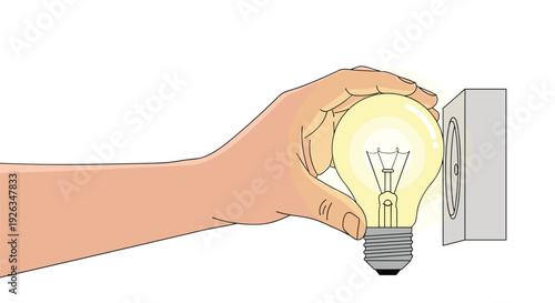 A human hand is shown carefully screwing a glowing, traditional incandescent lightbulb into a grey wall-mounted fixture or socket against a plain white background.