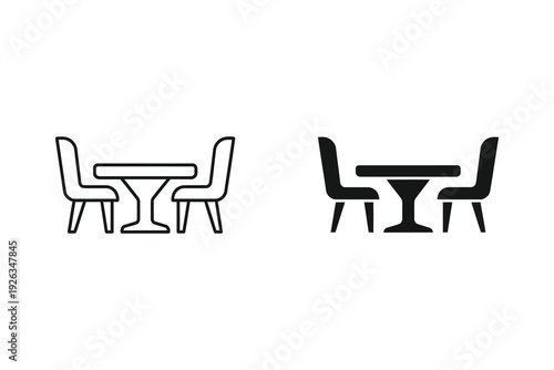 Simple Line Icons: Cafe Table with Chairs and Solid Black Silhouette