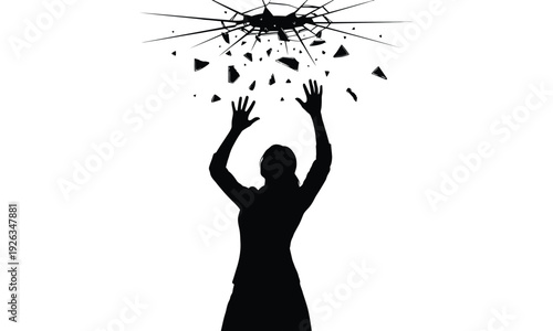Silhouette of a person with hands raised as ceiling shatters into pieces