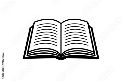 Open book icon, black/white, pages/text lines. Symbolizes learning, reading, education, knowledge, literature, study, academics, storytelling, libraries, info, wisdom, literacy. Ideal for web, print,