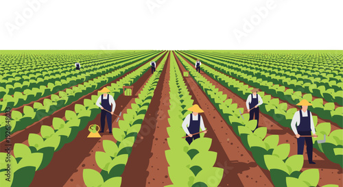 A wide-angle perspective captures numerous farmers wearing straw hats and blue overalls diligently working amidst endless, vibrant green rows of crops under a clear sky.