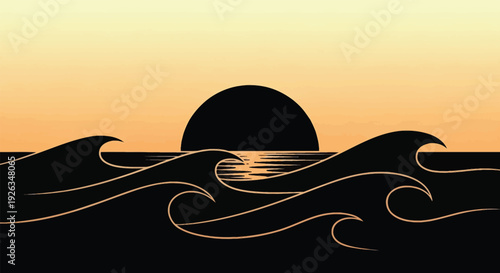 Sunset over ocean with big waves and warm sky summer tranquility scene