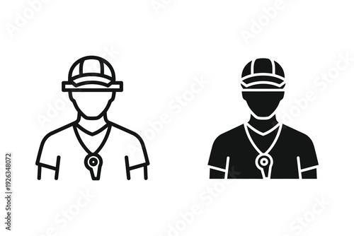 Coach Icon Set: Outline and Silhouette of Sports Coach with Whistle