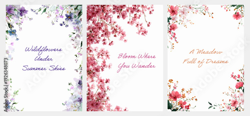 Watercolor wildflower set with delicate meadow blooms and butterflies. Perfect floral invitation design for spring weddings, featuring pink daisies and wild garden plants. Vector illustration.
