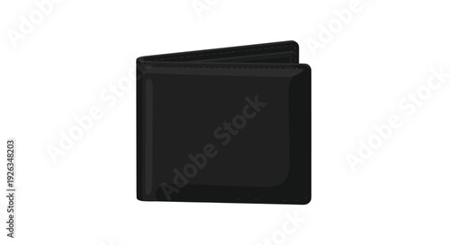 A sleek, solid black bifold wallet with subtle shading and visible stitching details is depicted in a digital illustration, appearing closed and resting on a pristine white surface.