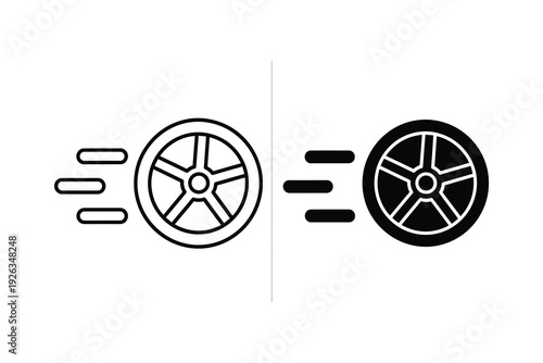 Car Wheel Icons in Motion: Speed and Performance Symbols in Outline and Black
