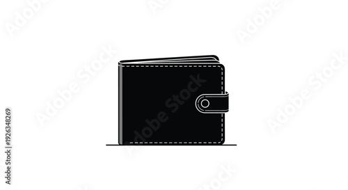 A simple, two-dimensional black outline illustration depicts a closed bifold wallet with a visible snap button closure and decorative dashed stitching on a stark white background.
