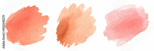 Watercolor brush strokes create soft peach and pastel pink splashes with flowing gradients perfect for abstract backgrounds and watercolor design projects. Vector illustration.