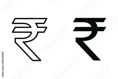 Indian Rupee Symbol Vector Icon Set - Outline and Solid Black