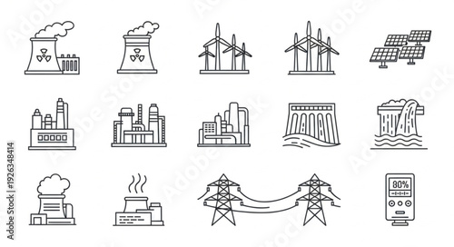 Energy production sources and power generation plants in a line art style.