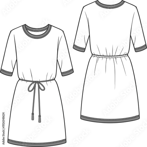 Flat vector cad drawing of girls short sleeve dress with waistband tie, color contrast rib hem, front and back view