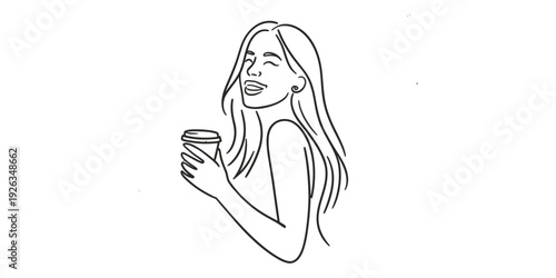 Minimalist line art of happy woman holding coffee cup