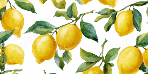 Watercolor lemon pattern with yellow citrus fruits and leaves. Summer Mediterranean illustration for seamless backgrounds, posters, and Italian coastal design prints. Vector illustration.