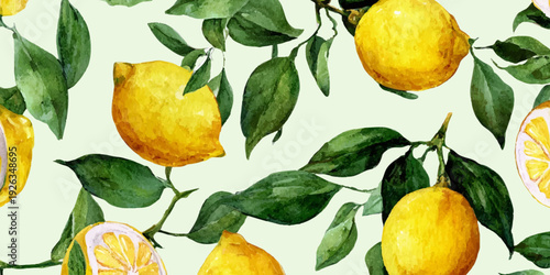 Seamless Mediterranean citrus illustration with Italian fruits, vintage blue tiles, botanical florals, and yellow elements. Perfect for summer kitchen prints and Amalfi-inspired designs.