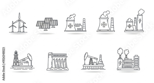 Various energy production and industrial facilities, a visual representation.