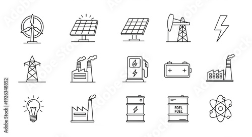 Energy sources and power generation icons representing various industries and technologies.