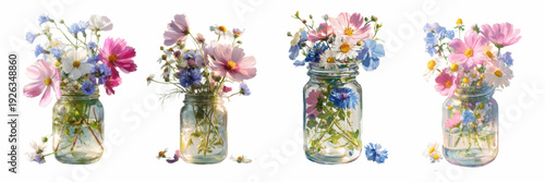 Watercolor wildflower bouquet in glass jar, romantic summer meadow blooms, floral wedding invitation design with delicate pink petals and botanical leaves. Vector illustration.