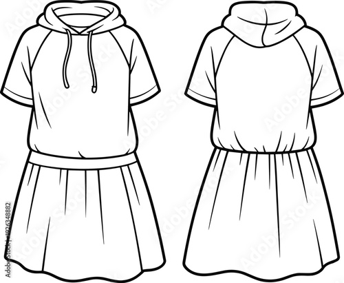 Flat vector cad drawing of girls short sleeve hoodie dress with gathered skirt, elastic waist, front and back view illustration