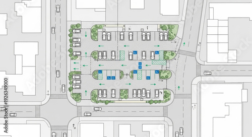 Detailed architectural plan of a modern urban development project with green spaces.