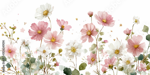 Pink spring wildflowers frame pastoral meadow scene with delicate butterflies, creating romantic floral backdrop ideal for vintage wedding stationery and garden illustrations. Vector illustration.