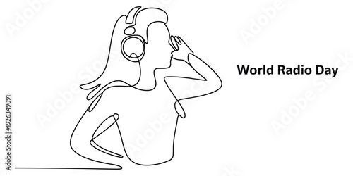 World radio day concept with one line drawing of woman listening to music