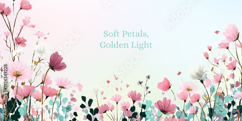 Watercolor wildflower meadow with delicate spring blooms and butterflies. Floral background perfect for romantic wedding invitations, banners, or botanical garden designs. Vector illustration.