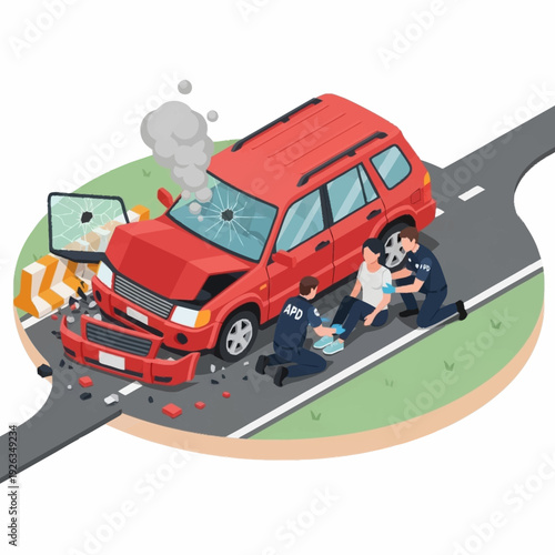 Car accident on the road with emergency responders attending to injured person.