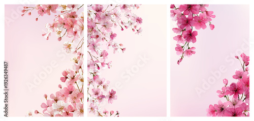 Pink sakura branches with watercolor floral elements form an elegant invitation set, featuring romantic cherry blossoms, wildflower meadows, and spring botanical patterns.