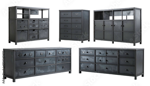 Industrial-style metal furniture various chests and cabinets with drawers and doors