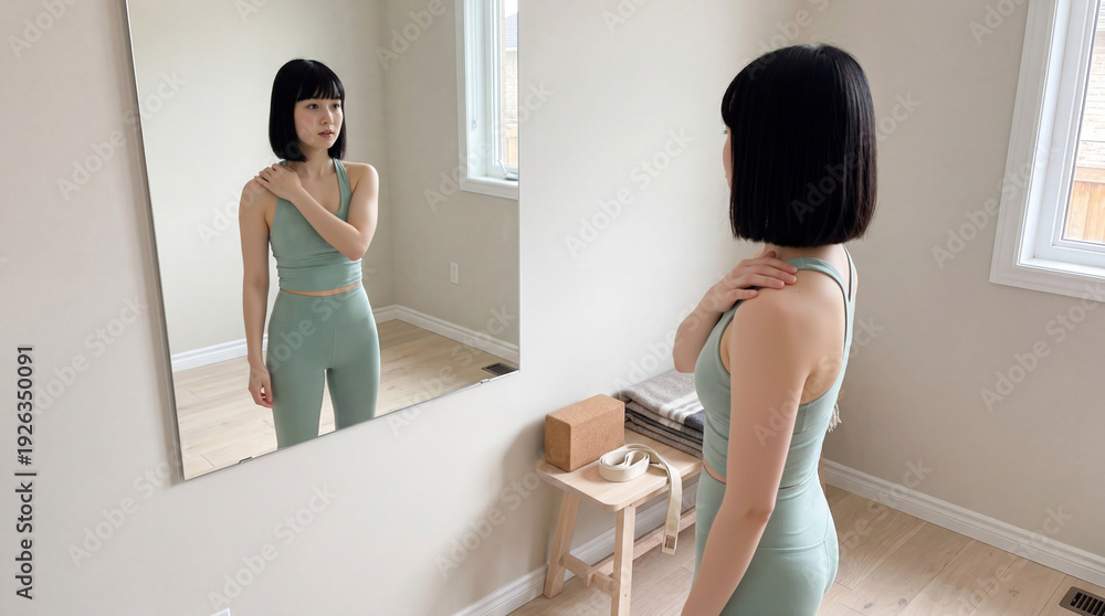 custom made wallpaper toronto digitalYoung Asian woman in sportswear looking in mirror before yoga workout. Female fitness model checking shoulder in home wellness room