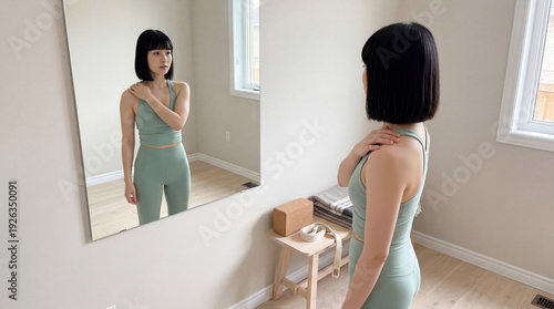 Wallpaper Mural Young Asian woman in sportswear looking in mirror before yoga workout. Female fitness model checking shoulder in home wellness room Torontodigital.ca