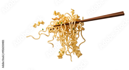 Photo-realistic food shot of delicious ramen noodles flying from chopsticks, isolated on black