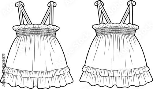 Flat vector CAD drawing of girl's ruffle dress design with shirred bodice, shoulder tie straps, flared hem, and layered frill detailing