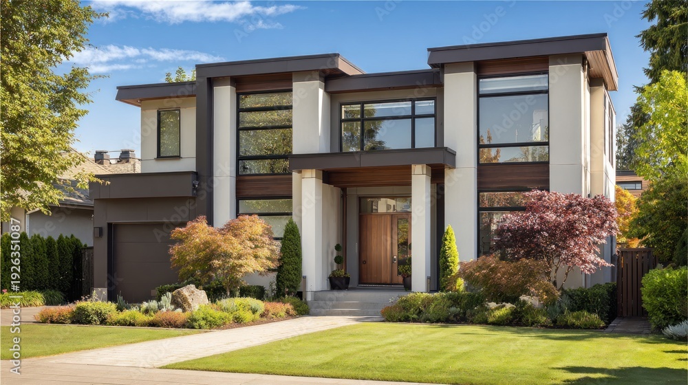 Fototapeta premium Modern Luxury Home with Manicured Lawn and Landscaping.